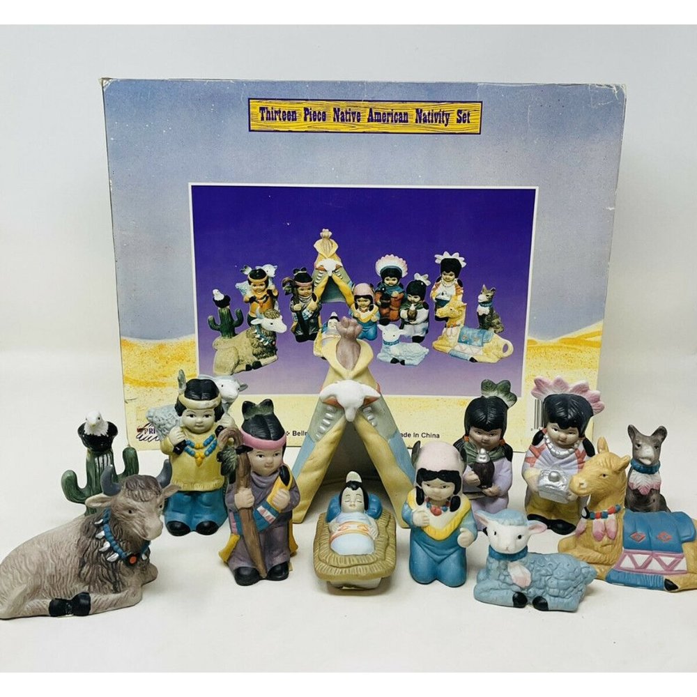 Vintage Price Native American Indian Nativity Set 12 Piece Ceramic Teepee